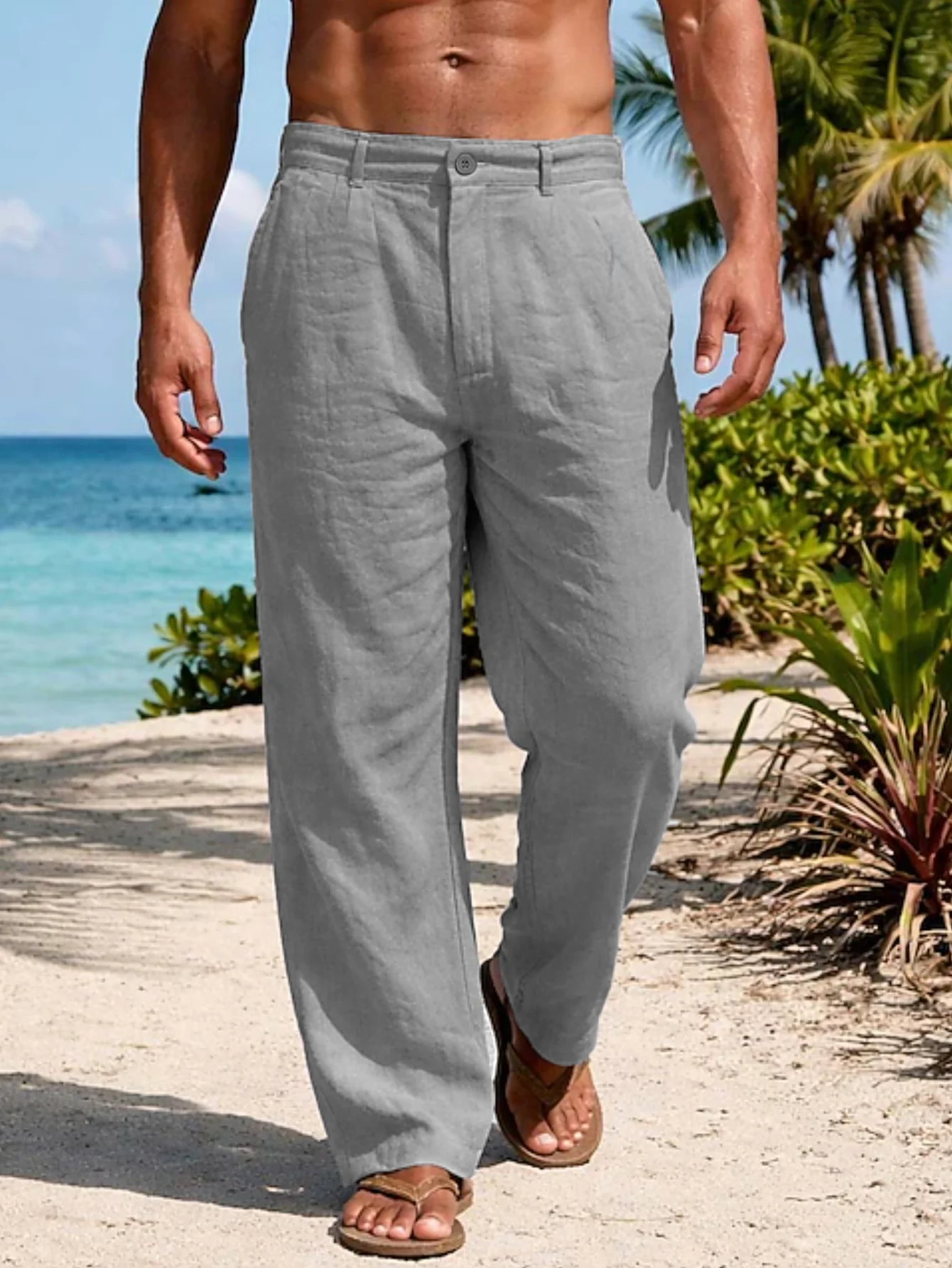 Neue Sommer-Leinenhosen für Herren, dünn, atmungsaktiv, locker fallende Straight-Leg-Hosen für Strandurlaube. – Detail 7