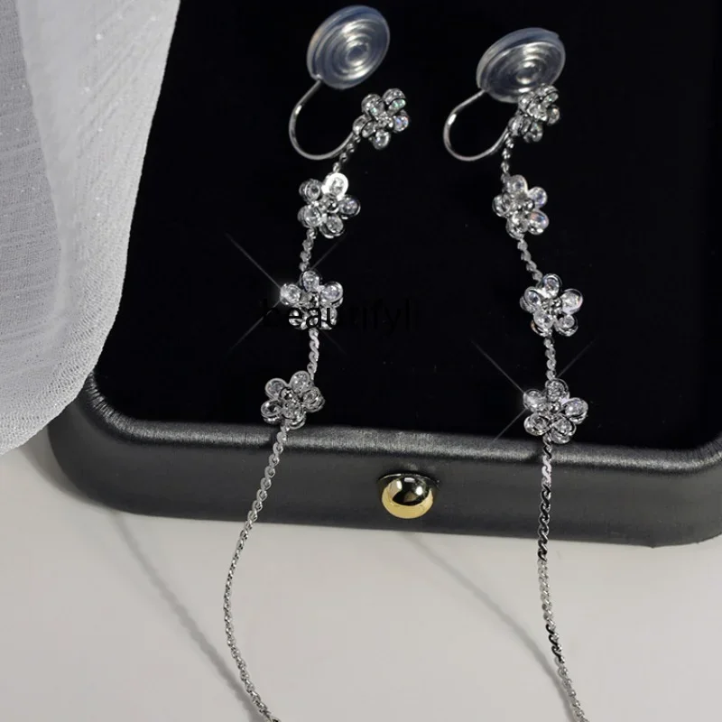 zq Long Flash Zirconium Flower Tassel Earless Ear Clip Face Slimming Water Drop Silver Needle Stud Earrings Female Earrings