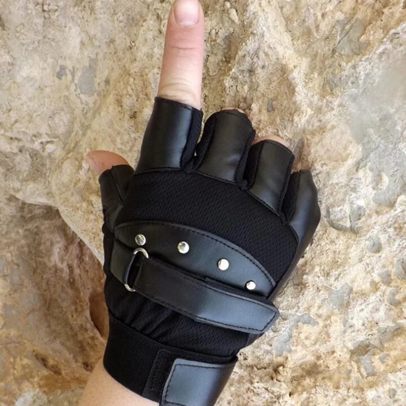 Męska fajna półpalcowa PU skórzana nit Hip Hop Punk rękawiczki męskie Outdoor Sport Fitness Bike kolarstwo siłownia rękawica S40