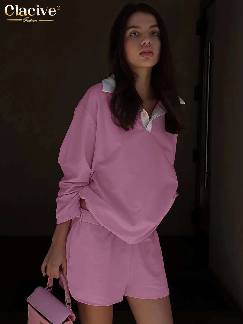 Clacive ファッションルーズピンク 2 点セット女性エレガントな長袖シャツとハイウエストショーツセット女性服ストリート