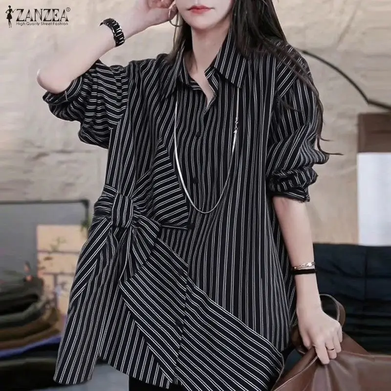 

ZANZEA Fashion Women Tops Long Sleeve Striped Blouse Bow Elegant Office Lady Tops Buttons Casual Streetwear Loose Stylish Blusas