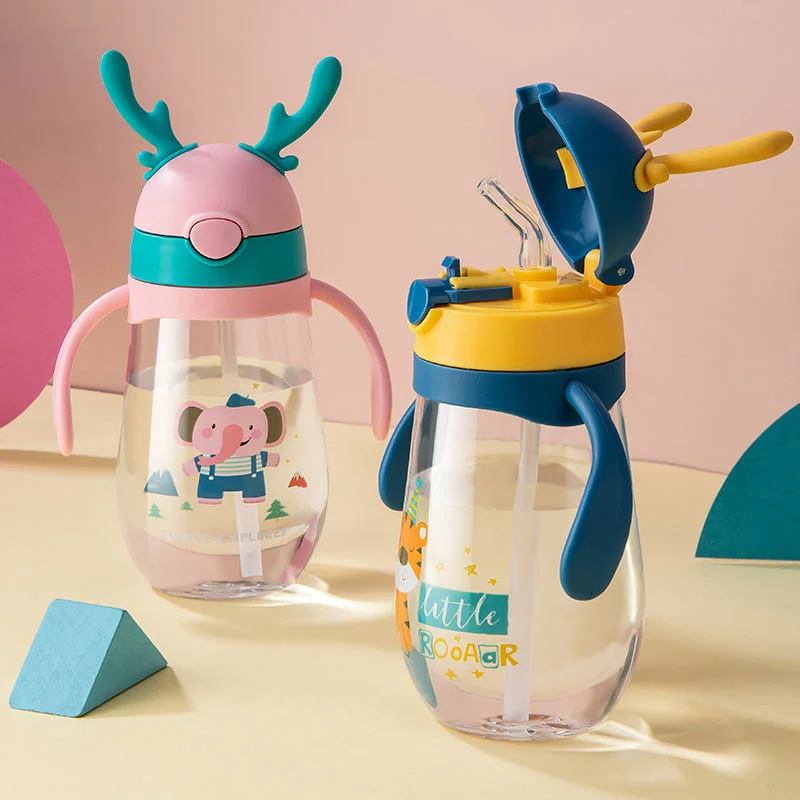 Botella de agua para niños con sellado de pajita, tazas para bebés a prueba de derrames con asa, eslinga, 480/580ml, taza para beber para niños con reflejo abatible