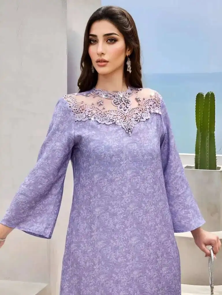 

Ba5008 Lavender Purple Patchwork Lace Embroidery Dresses Printed Robe Robe Abaya Ramadan Dubai Luxury Islam Elegant