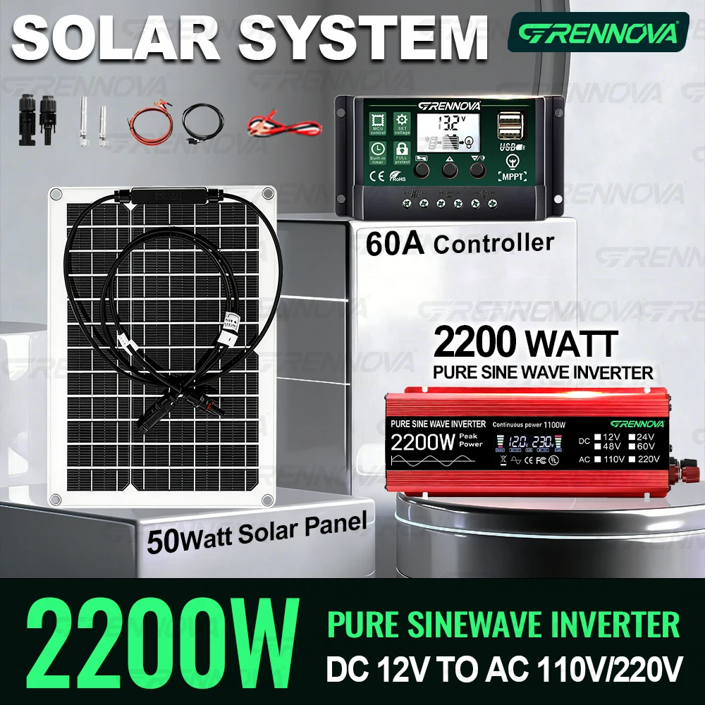 

Pure Sine Solar System 50W Solar Panel 60A Controller Inverter (Peak 2200W Continuous 1100W) 12V to AC 110/220V for Backup Power
