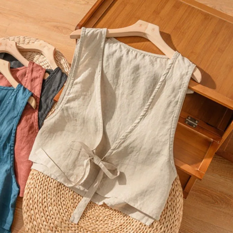

Women's 2025 Summer Linen Blazer Vest Sleeveless V-Neck Lace-up Cropped Top British Retro Casual Office Outerwear Female Clothes