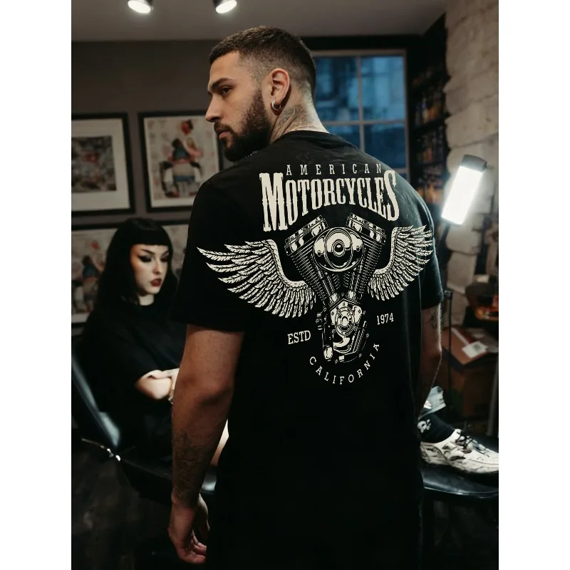European and American Motorcycle Wing Printed Short Sleeved Men's T-shirt, Retro Rock Pure Cotton Half Sleeved