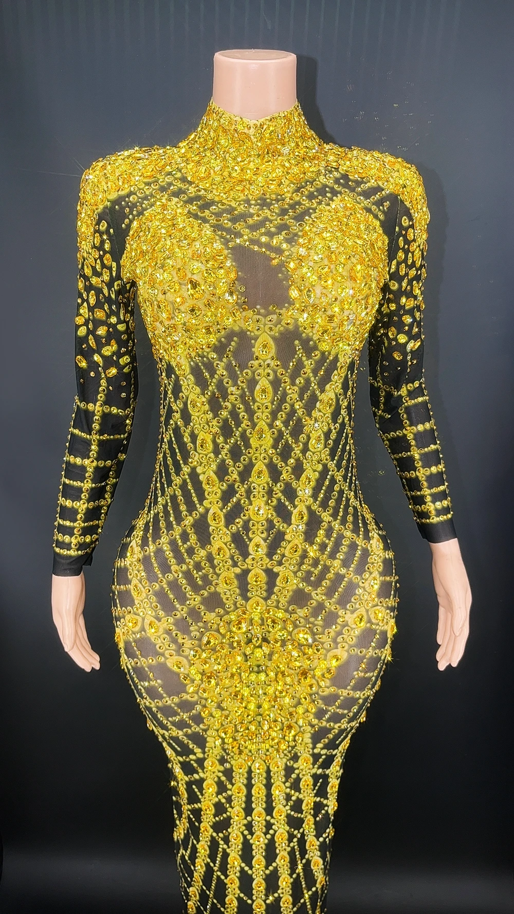 Sexy Mesh Transparent Celebrate Evening Prom Party Birthday Dress Sparkly Rhinestones Performance Show Stage Wear