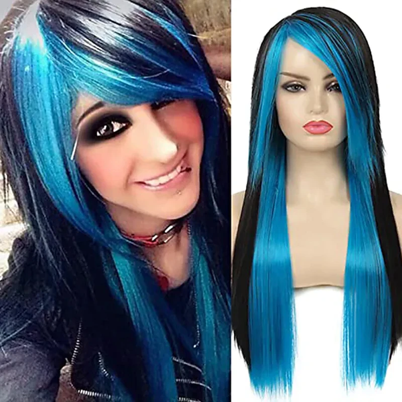 HAIRJOY ​​włosy syntetyczne długie czerwone czarne proste żaroodporne grzywki boczne kostium na Halloween peruka damska