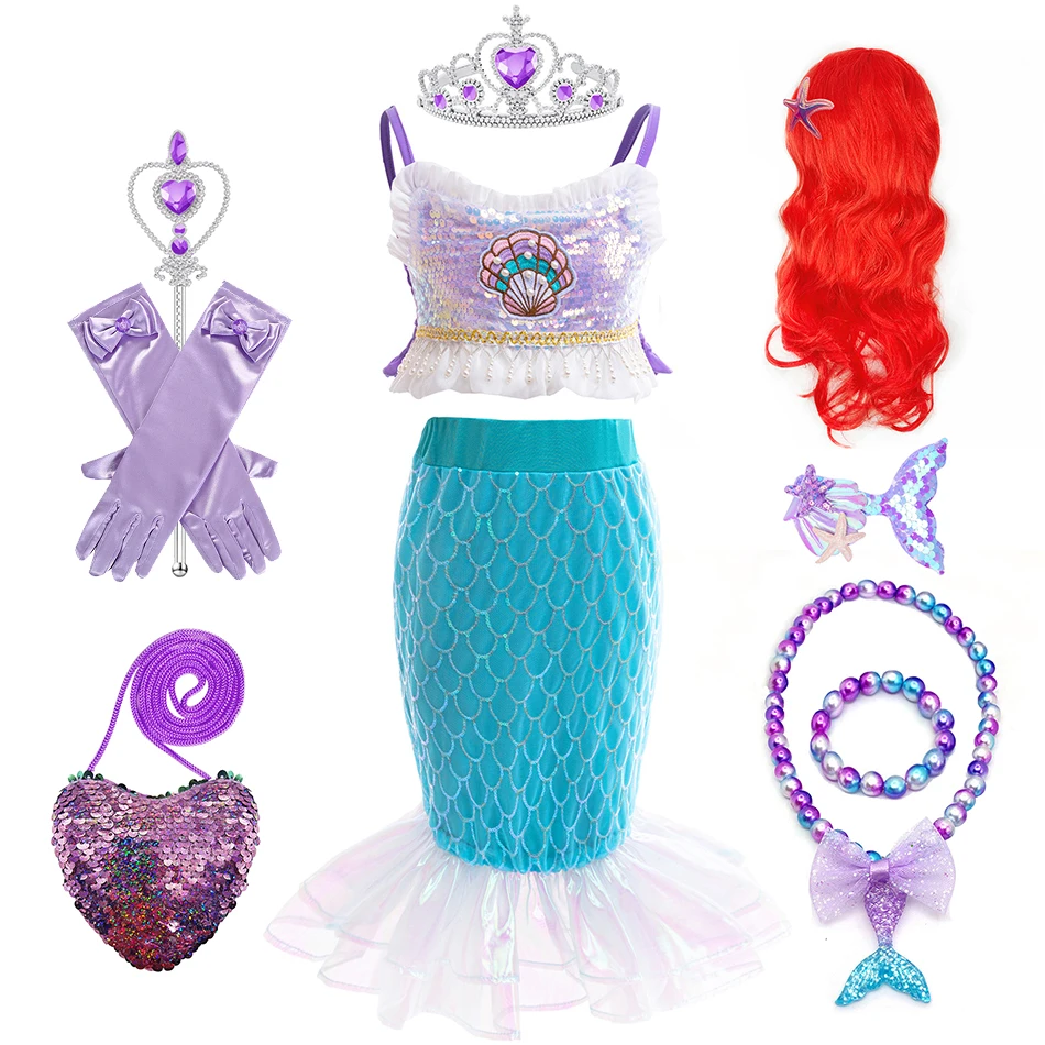 

Mermaid Ariel Costume For Girls Cosplay Princess Fishtail Skirt Children Birthday Carnival Dress Summer Vestidos Sequin Clothes