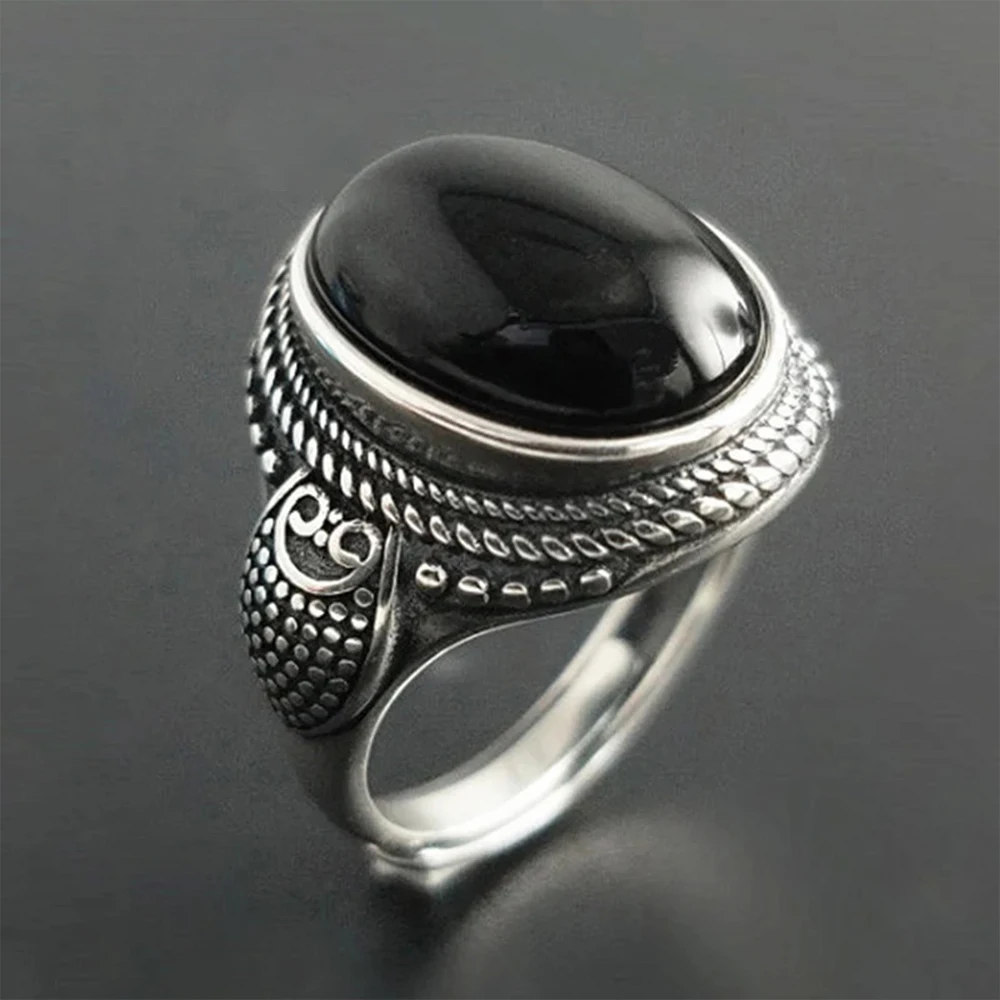 Real Pure 925 Sterling Silver Natural Black Onyx Stone Rings For Women Vintage Style Thai Silver Resizable Open Type