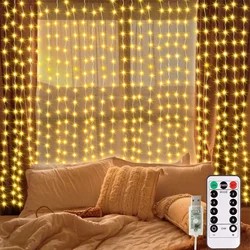 Wasserdichte Vorhangleuchte, 300 LEDs, Feenvorhangleuchte, ferngesteuert, USB-betrieben, Kupfer-Lichterkette für Fenster, Weihnachten, Hochzeit, Dekoration