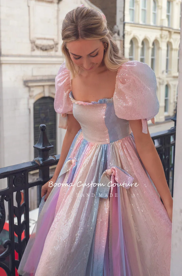 Booma Pastell Regenbogen Pailletten Midi Prom Kleider Square Neck Kurzen Puff Ärmeln Tee-Länge A-linie Party Kleider Formales Ereignis kleider