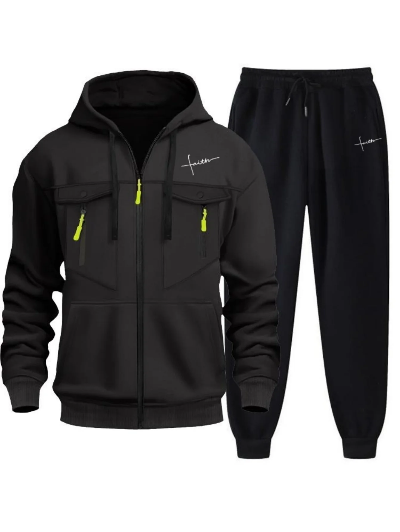 

Men's autumn/Winter hooded cardigan hoodie + black versatile trousers fashionable zippered pocket streetwear trendy hoodie set