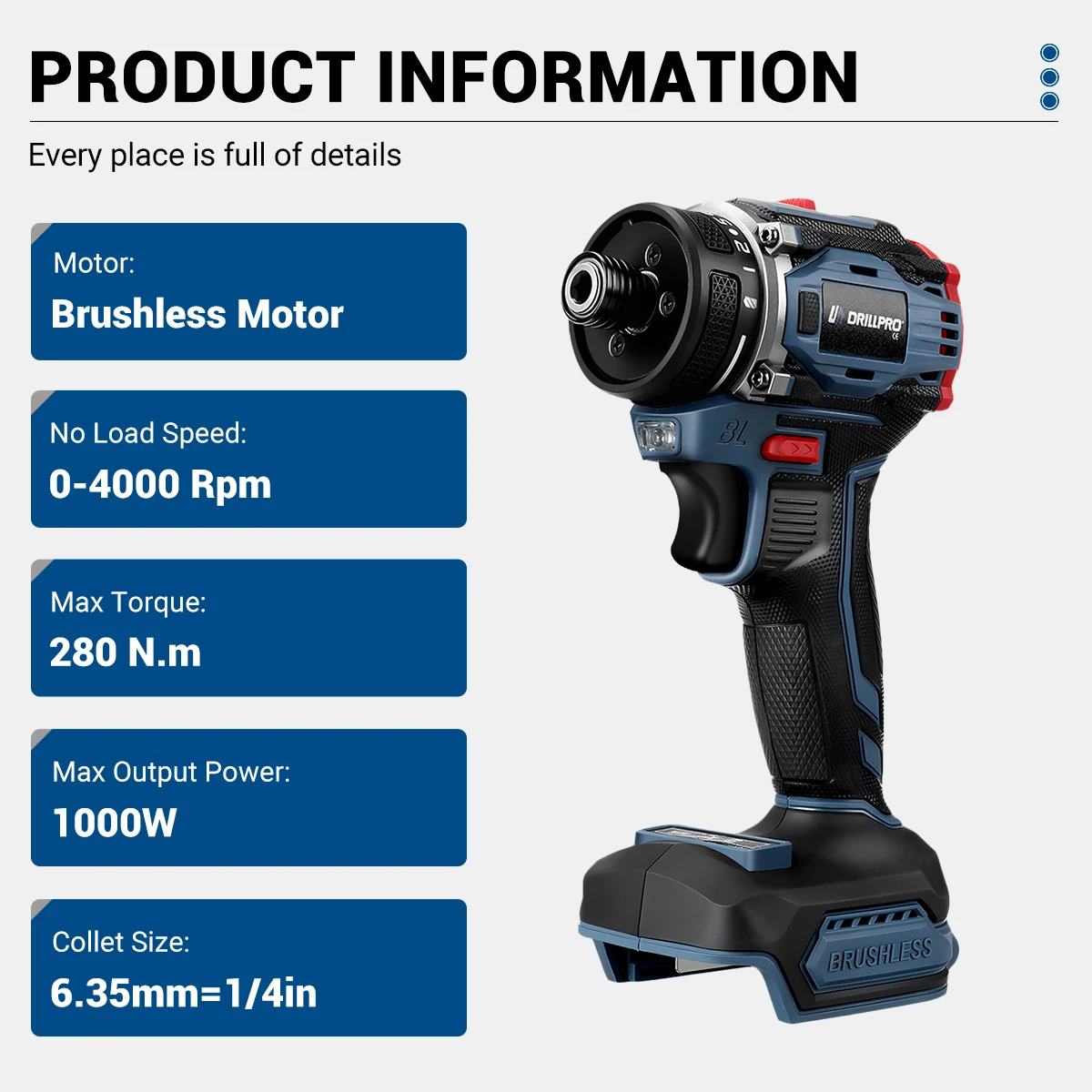 Imagem -02 - Drillpro Chave de Fenda Elétrica sem Escova Furadeira sem Fio Ferramenta Elétrica para Makita Bateria 18v Torque 20 Mais 280n.m 4