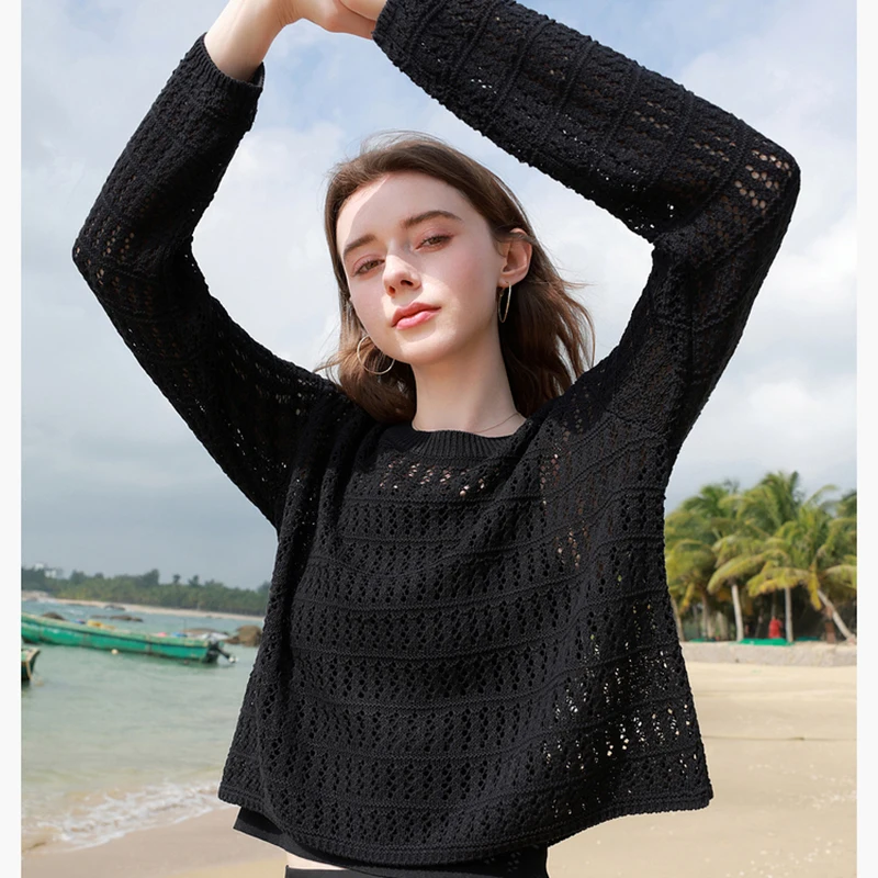 HELIAR Women Spring Hollow Out Sexy Knit Shirt Long Sleeve Loose Casual Top Beach Solid Y2k Pullovers Streetwear T-shirt Summer