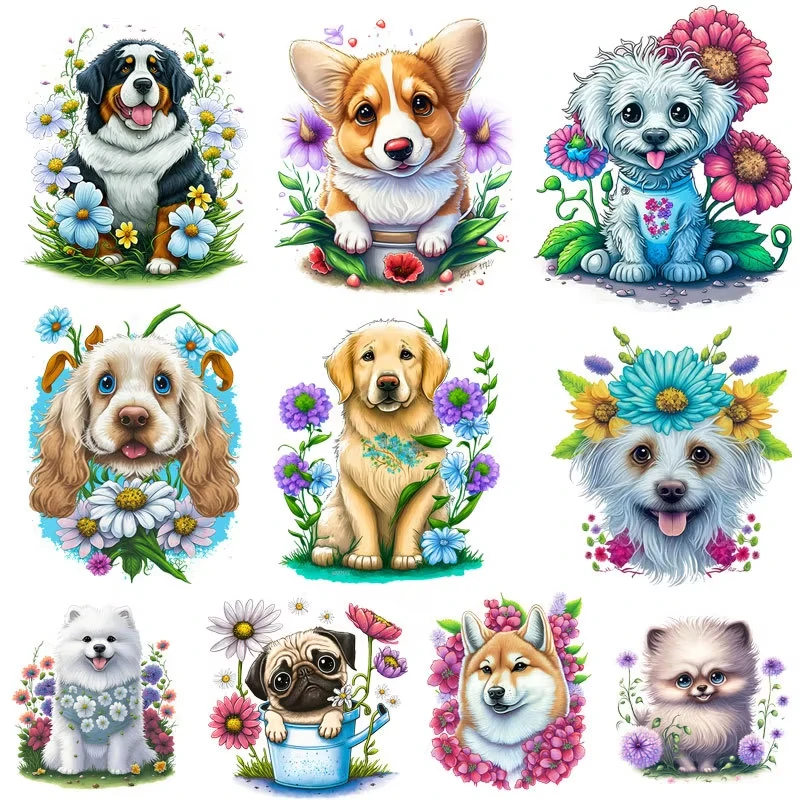 2PCS 15cm Cartoon Animal Dog Heat Transfer Decal Corgi Poodle Border Shepherd Iron Paste on Clothes T-shirt Clothes Decoration