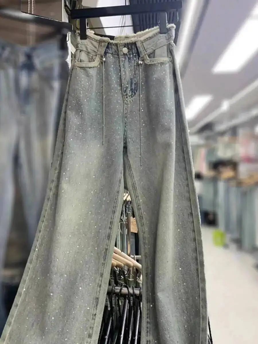 

2025 Summer Jeans Women's High Waisted Jeans Denim Pants Rhinestone Starry Sky Frayed Hem Thin Fabric