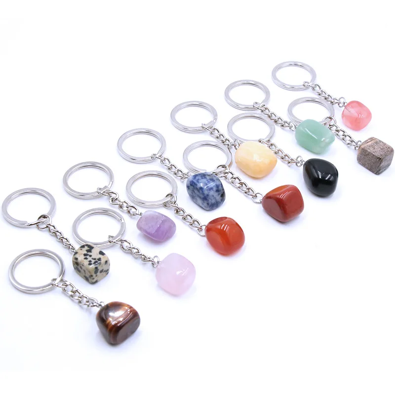 

20pcs Natural Stone Crystal Quartzs Keychain Women Men Handbag Hangle Car Key Holder Raw Mineral Stone KeyRing Jewelry