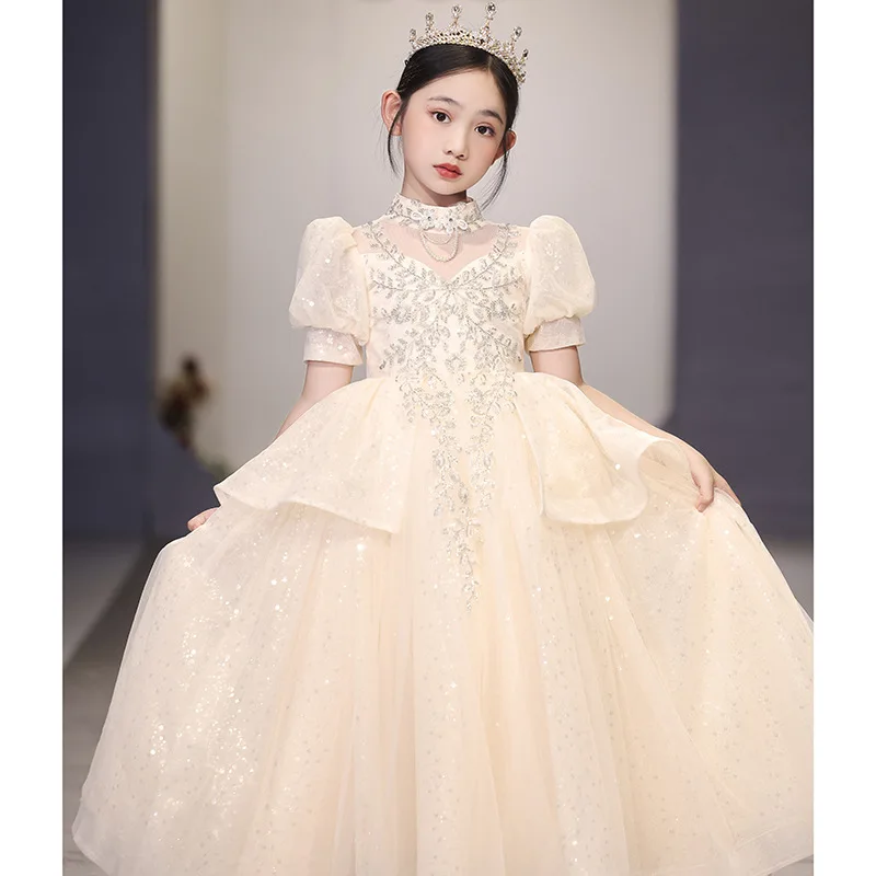 

Fashion Champagne Dresses For Girls Piano Performance Formal Gowns Children Tenth Birthday Banquet Elegant Luxury Long Dress