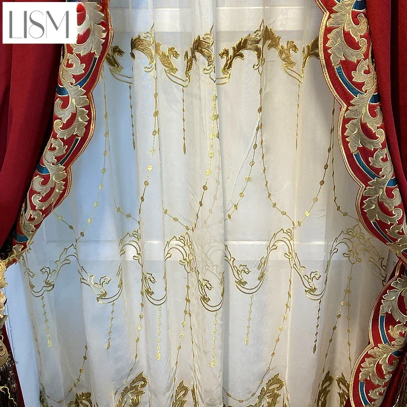 

European Embroidery Retro Velvet Luxury Curtains For Living Dining Room Bedroom Red Lace Villa Blackout Tulle Valance Custom