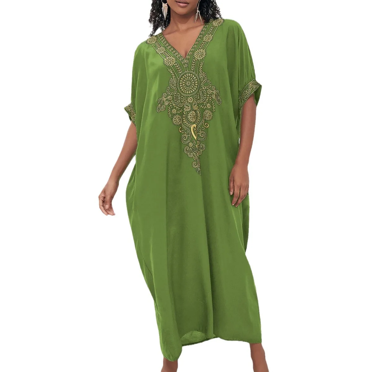 여성용 루즈 자수 비치 원피스 수영복, 비키니 커버업, V넥 반팔 카프탄 로브, 캐주얼 비치웨어, 탑 커버업
