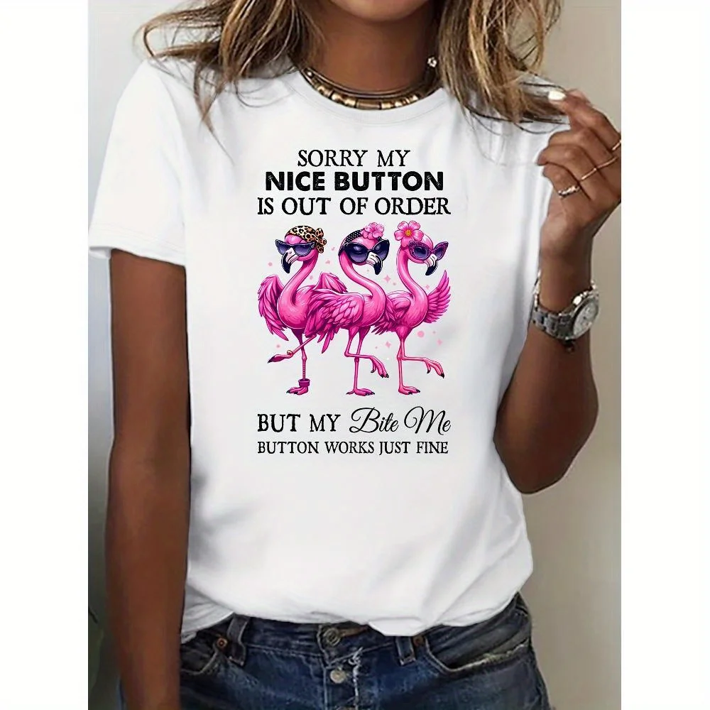 

Plus Size Funny-Flamingo (5) Women'S Spring and Summer Floral Print Short Sleeve T-Shirt – Stylish and Relaxed 0XL-4XL