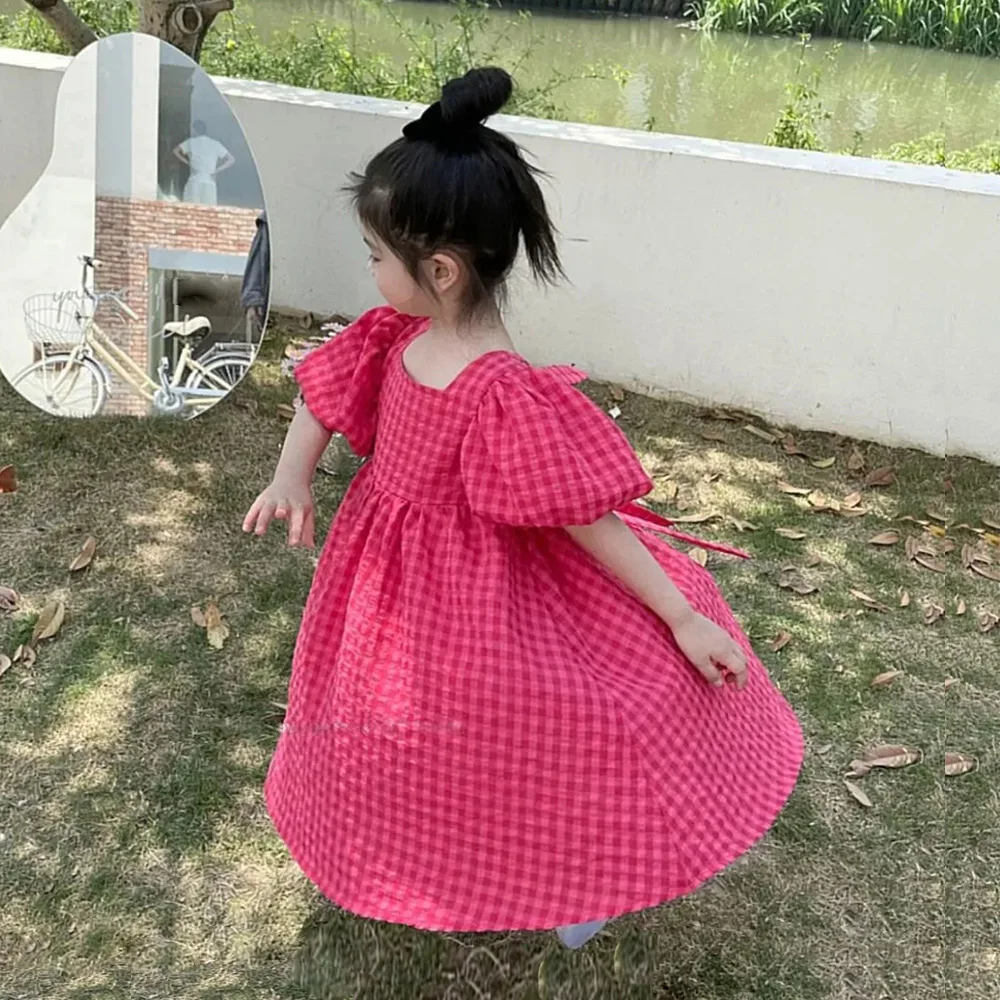 Summer Rose Pink Plaid Bow Dress Elegant Lolita Child Girls Dress Children Dresses Teens Party Princess Sundress Kids Clothes