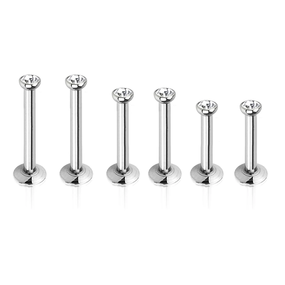 6pc 2/2.5/3mm Crystal 16g Steel Labret Stud Monroe Lip Ring 6/8/10mm Bar Nose Ear Stud Internally Threaded Piercing