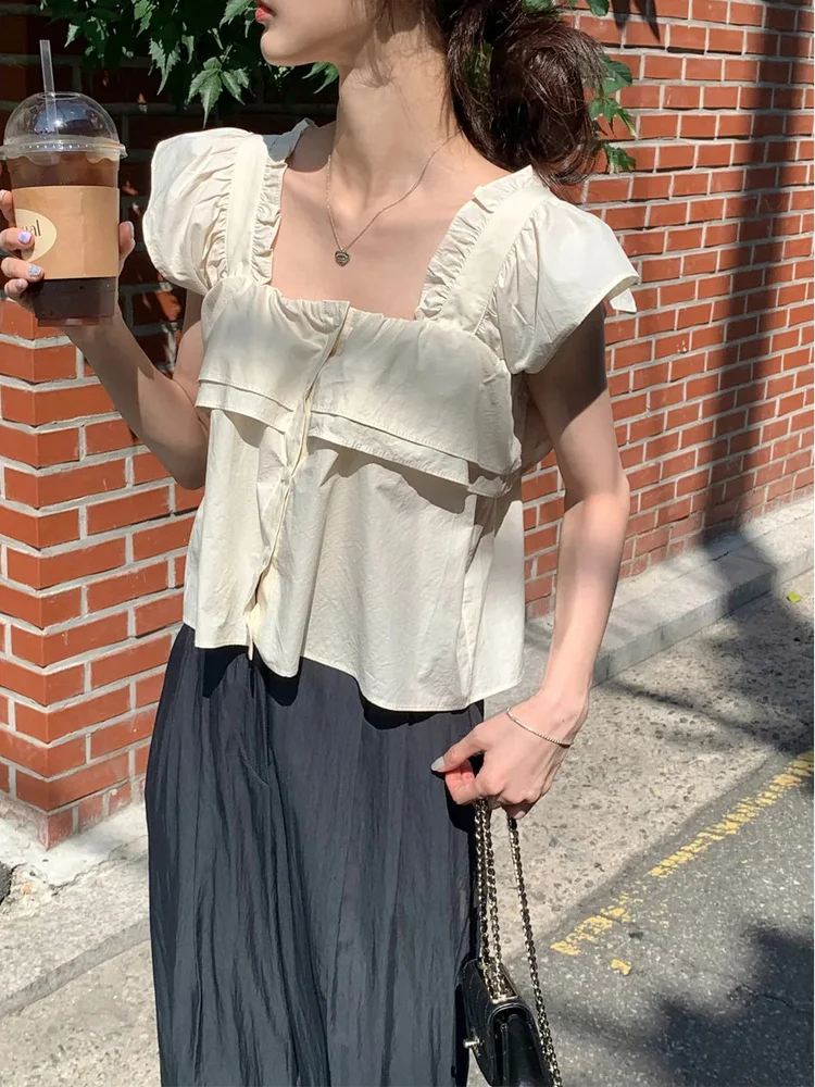 

Sweet Sle Loose Fit Women's irt with Lace Trimmed Sves And Square Collar ort Sve UV Protection Baby Doll Top