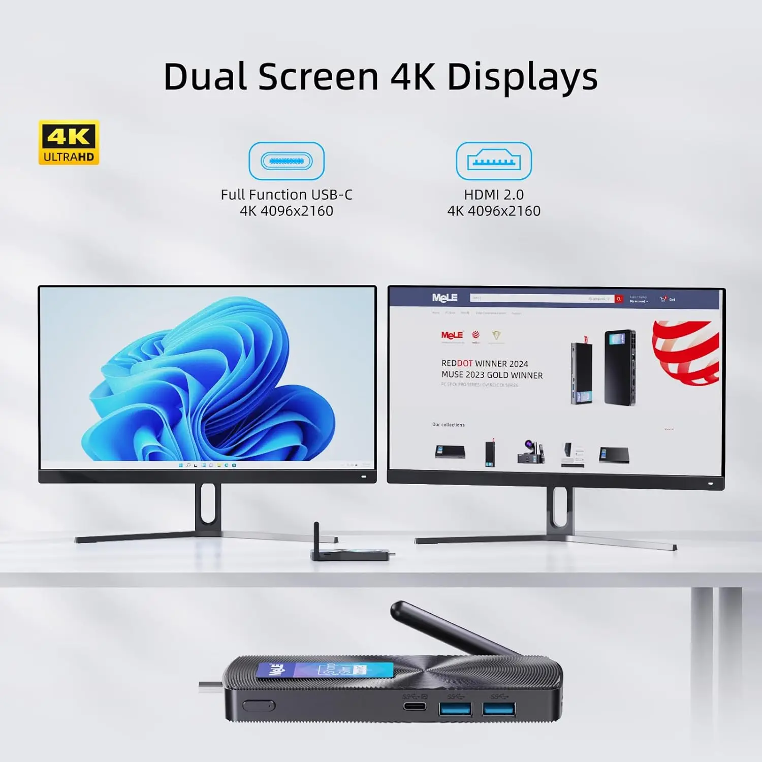 MeLE PCG02 Mini PC Stick sin ventilador N100 8GB LPDDR4 128GB Micro computadora de escritorio con USB-C de función completa, WiFi 2,4G/5,0G, HDMI 4K