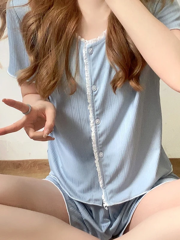 

Летний комплект одежды ort Sve для женщин, милая кружевная домашняя одежда, студенческая уличная одежда, трикотажная хлопчатобумажная ткань, круглая Ne Pur...