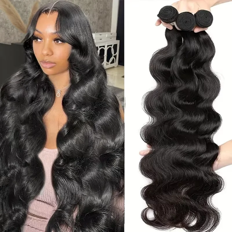 Natural Color Body Wave Hair Bundles Brazilian Human Hair Bundles Double Weft Long Soft Thick Remy Hair Extensions 3/4 Pieces Long 38 40 Inches