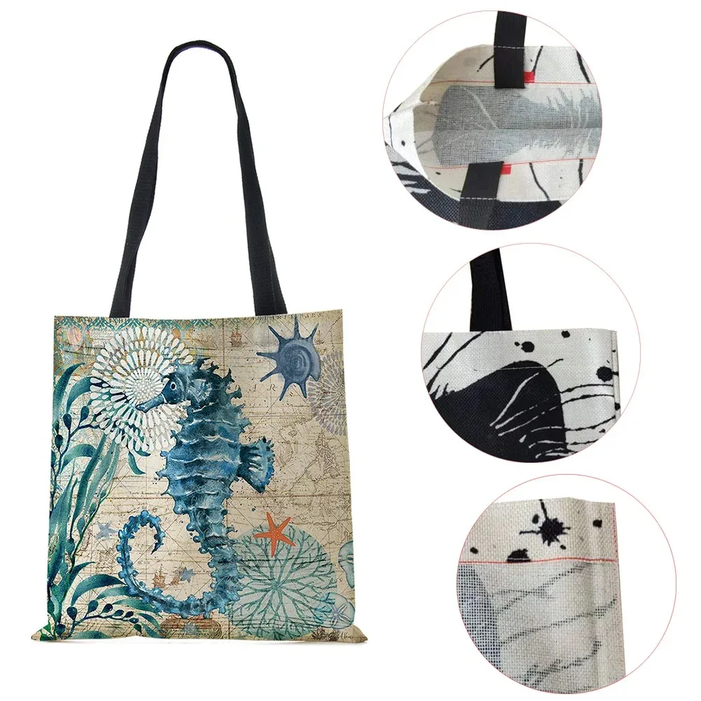 Tote Bag Seahorse Turtle Octopus Print Traveling Shoulder Bags Eco Linen Shopping Bags For Women With Print