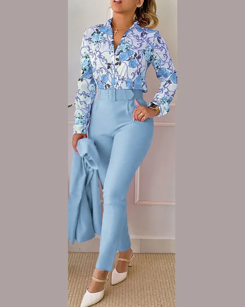 Elegante camicia a maniche lunghe pantaloni Set Office Lady primavera autunno scollo a V stampa floreale pantaloni due pezzi Set donna Outfit 2024