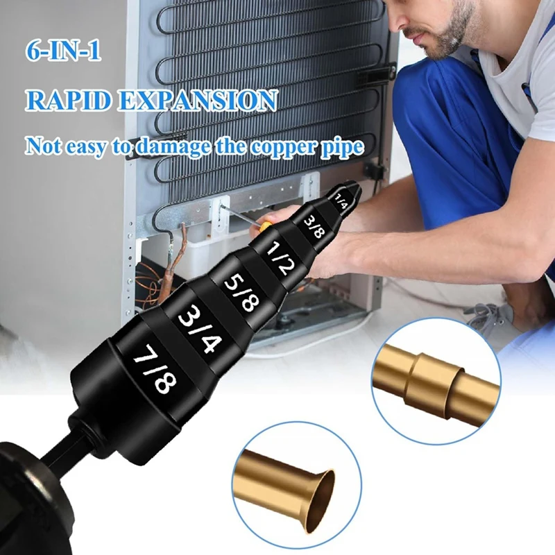 Air Conditioning Copper Tube Expander 1/4 Hex Drill Bit Holder With 1/4, 3/8, 1/2, 5/8, 3/4 And 7/8 Bits