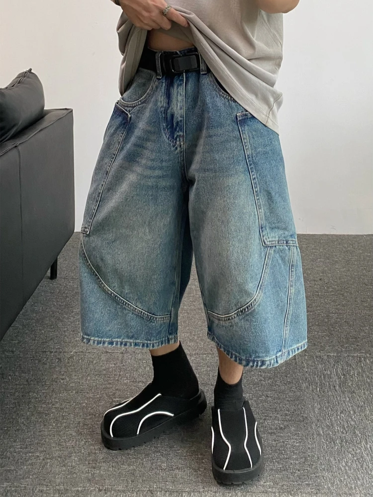 

Мужские джинсы в американском ретро-стиле, широкие, свободного кроя, повседневные, джинсовые брюки длиной до колена, с большими карманами, молодежный тренд, летняя одежда