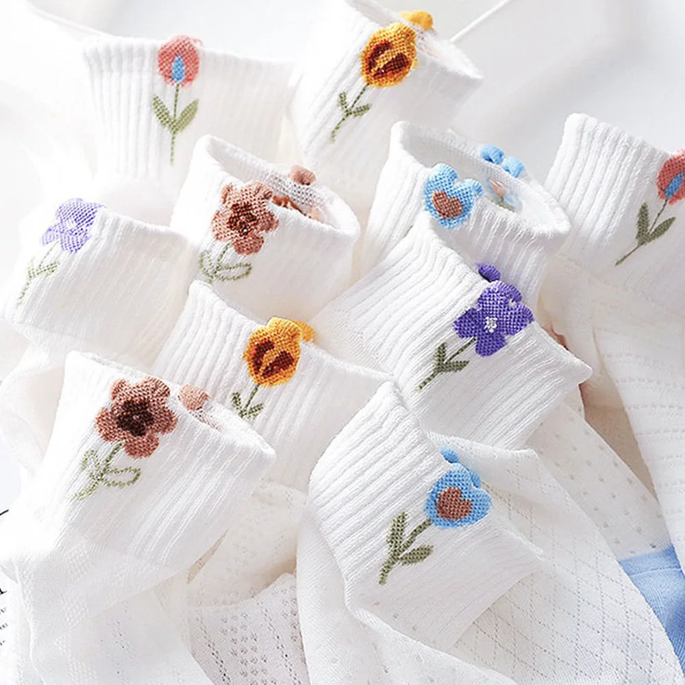 5/10 Pairs Women Flower Patterned Knitted Short Socks Summer Lightweight Sweat absorption Breathable Sweet Style Casual Socks ﻿﻿