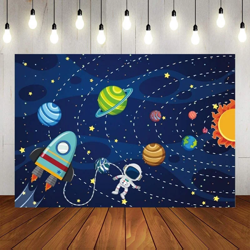 Cartoon Space Themed Revolution Around The Sun Scenic Background Child Birthday Party Photography Backdrop Decoration