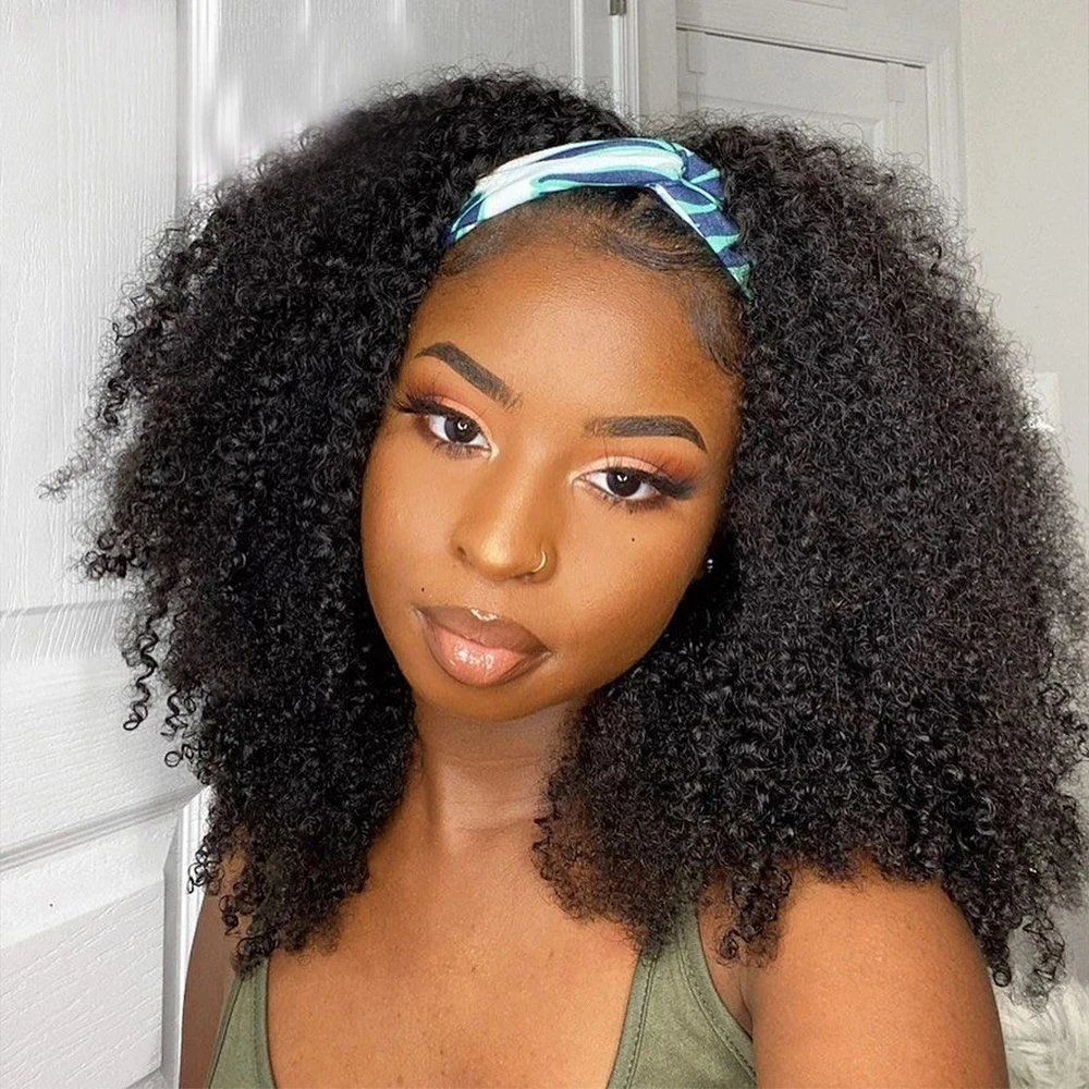 

Парик-повязка Afro Kinky Curly, 100% натуральные человеческие волосы, без клея, полностью машинной работы, бразильские волосы Remy, для женщин, 180% плотность