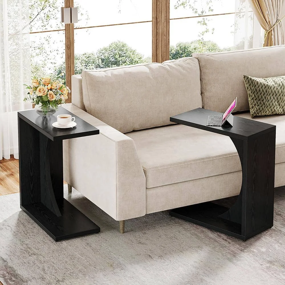 23.62 بوصة. مجموعة طاولة نهاية خشبية سوداء على شكل حرف C مكونة من 2، طاولة جانبية للأريكة للمساحة الصغيرة، طاولة أريكة للمكتب المنزلي #1