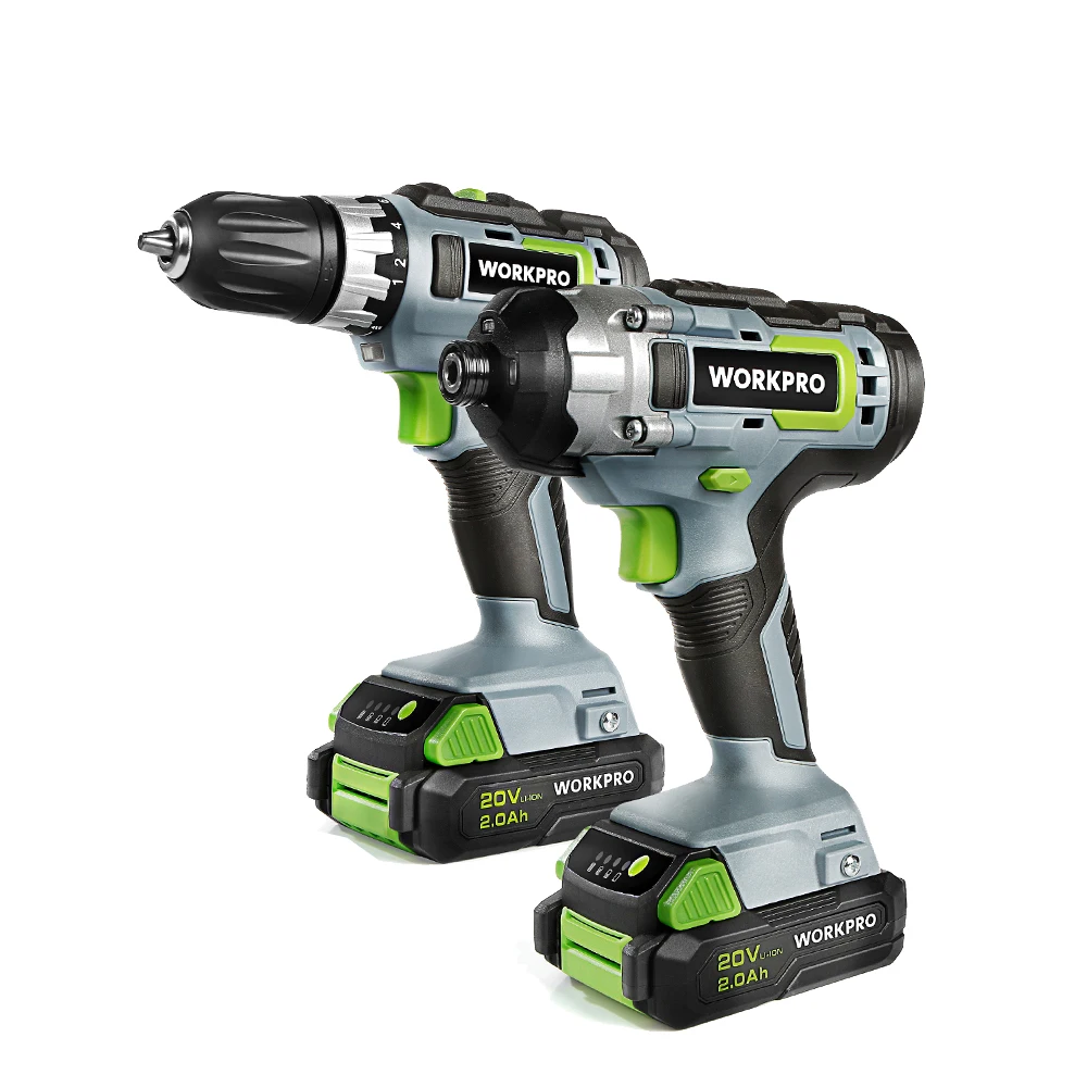 WORKPRO 21 piezas 20 V Li-ion juego de taladro compacto inalámbrico y juego de controlador de impacto que incluye 2 baterías de carga