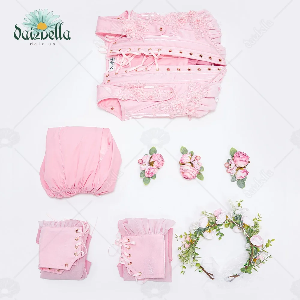 US Stock DAIZBELLA Women's Medieval Flower Elf Fairy Pink Dress Renaissance Fantasy Costume Inner Dress and Corset with Sleeves view 6