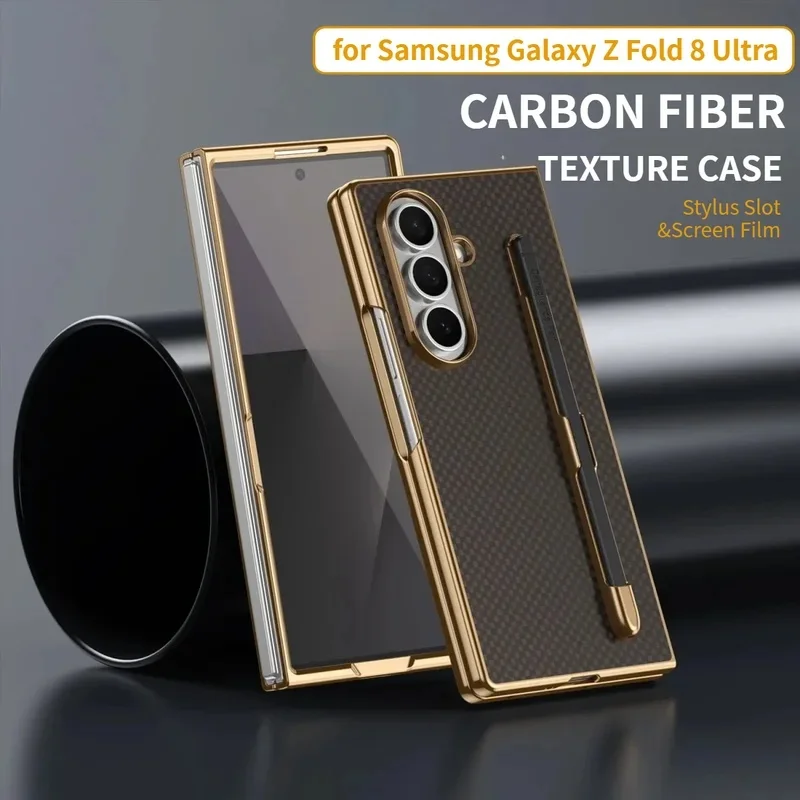 Premium Busiens Plating Leather Texture Case For Samsung Galaxy Z Fold 8 Ultra 7 6 5 Stylus Slot Glass Screen Film Protect Cover