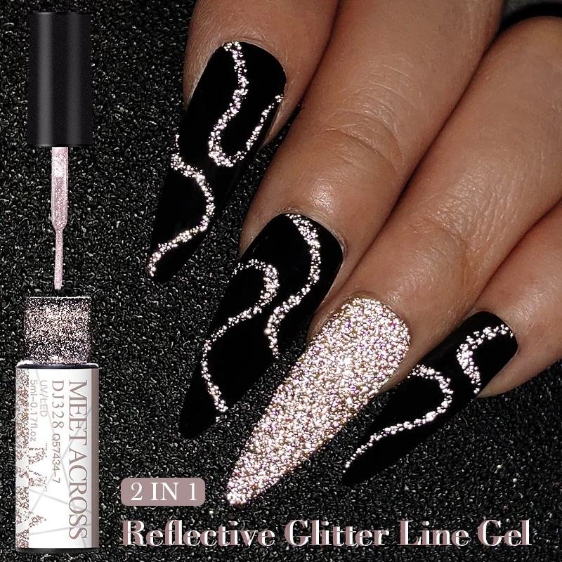 

MEET ACROSS Rose Gold Reflective Glitter Liner Gel Nail Polish Sparkly Line Graffiti Painting Stripe Gel Soak Off Nail Art