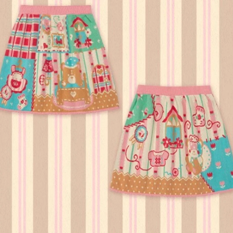 Japanese Retro Women's Clothing Cartoon Printing Versatile Double-sided Knitted Skirt Daily Sweet Cute Thin Short Skirts Ladies