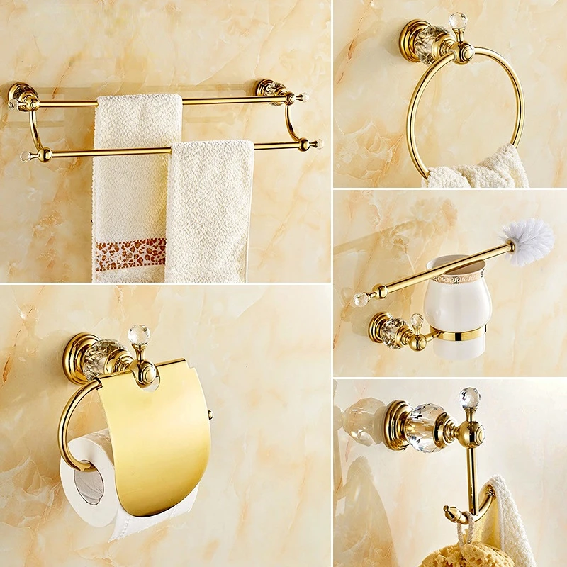 

Luxury Gold Crystal Brass Bathroom Accessories Bathroom Hardware Set Gold Soap Dish Towel Holder Hair Dryer Rack Paper Net