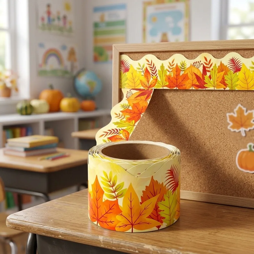 Maple Leaf Themed Paper Stickers for Autumn Decor 10 Meters Long Yellow Color Suitable for For classroom and Office