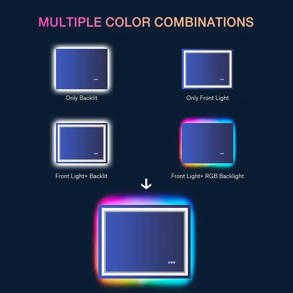 Miroir de salle de bain LED 40 x 32 pouces avec rétroéclairage RVB à couleur changeante, antibuée et miroir de courtoisie à intensité variable