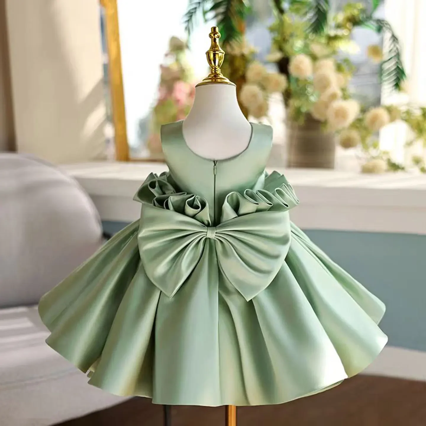 فساتين فتاة الزهور الأميرة الطفل أنيقة حكيم الأخضر فساتين حفلات أعياد الميلاد Vestidos الساتان الاطفال الزفاف دي Novia