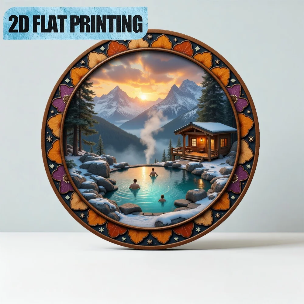 2D Flat Hot Spring Scene Round Aluminum Wall Sign 11.81in Classic Farmhouse Home Decor for Door Garden Bar